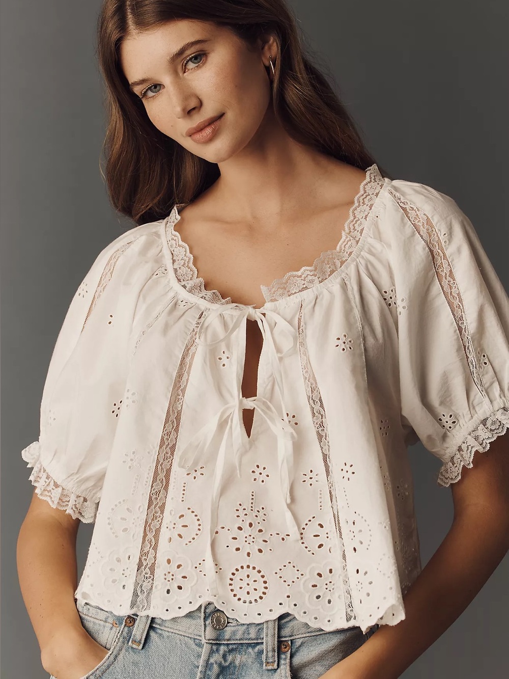 By Anthropologie Embroidered Puff-Sleeve Swing Top